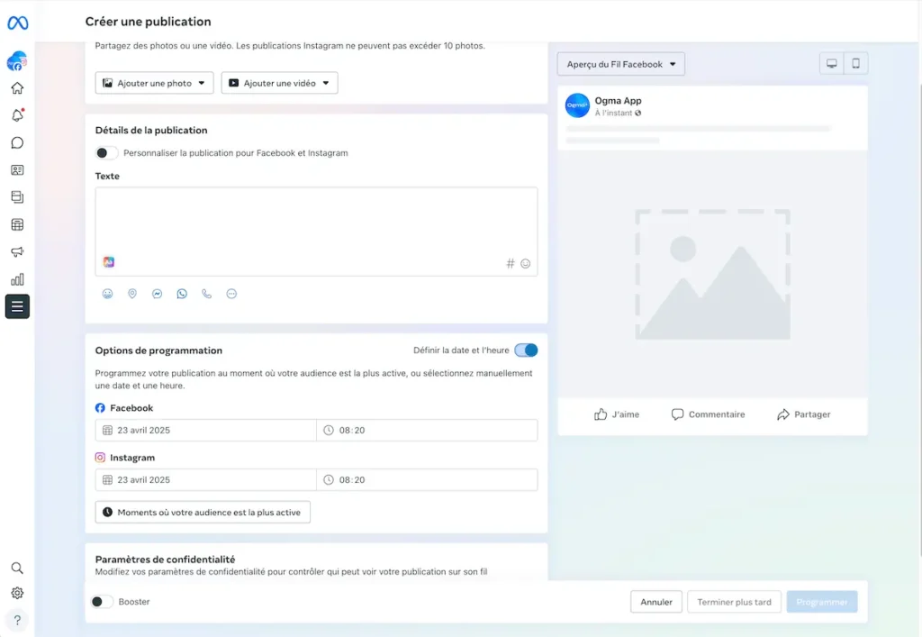Capture d'écran de Meta business Suite