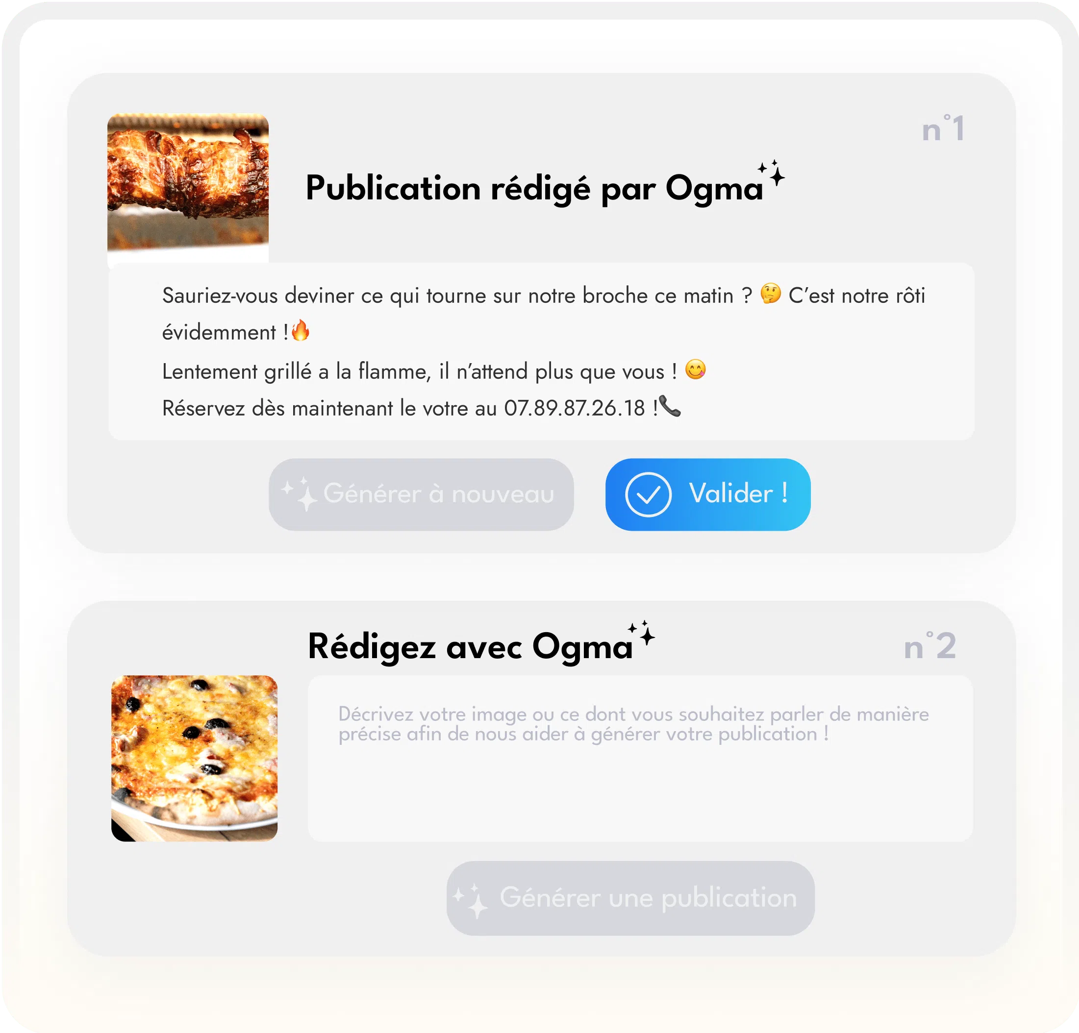 Interface Ogma permettant de créer des publications en quelques clics grâce à l’IA